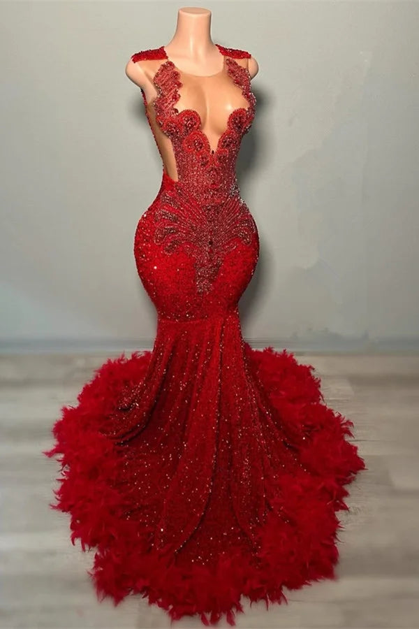 Classy Red Scoop Sleeveless Formal Dresses Mermaid Sequins With Feather