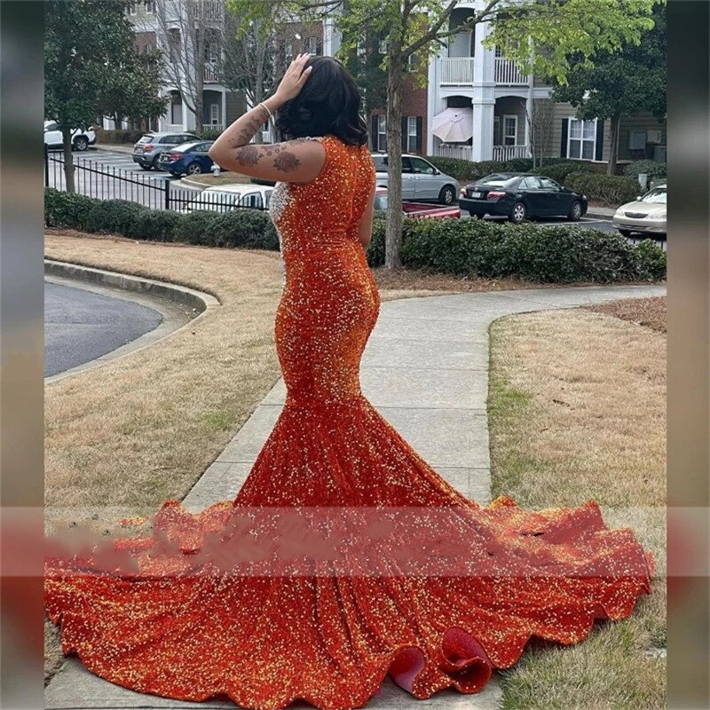 Sparkly Orange Sequins Mermaid Prom Dresses For Black Girls Sexy Sheer Neck Crystals Rhinestones Plus Size Evening Party