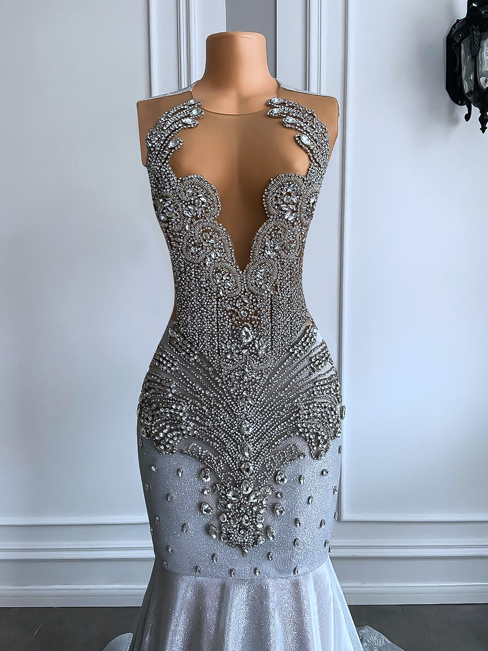 Women Silver Long Mermaid Prom Dresses Sexy Sheer Mesh Luxury Sparkly Handmade Diamond Black Girl Prom Formal Gala Gowns