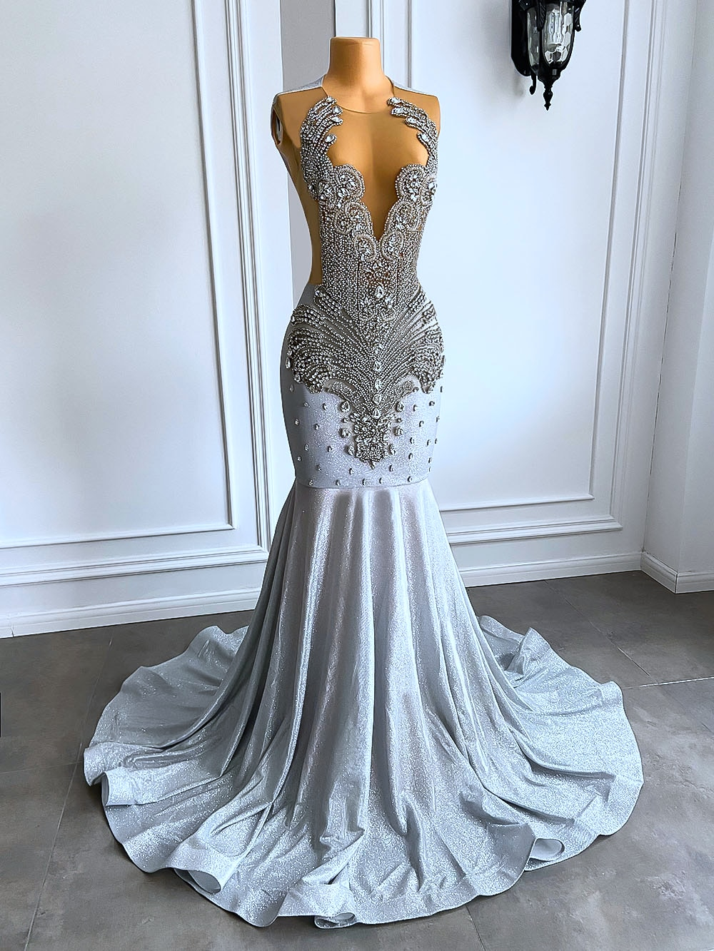 Women Silver Long Mermaid Prom Dresses Sexy Sheer Mesh Luxury Sparkly Handmade Diamond Black Girl Prom Formal Gala Gowns