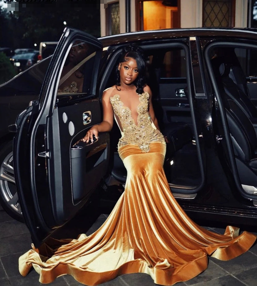 Invincible Gold Crystal Velvet Long Prom Dresses For Black Girls Rains