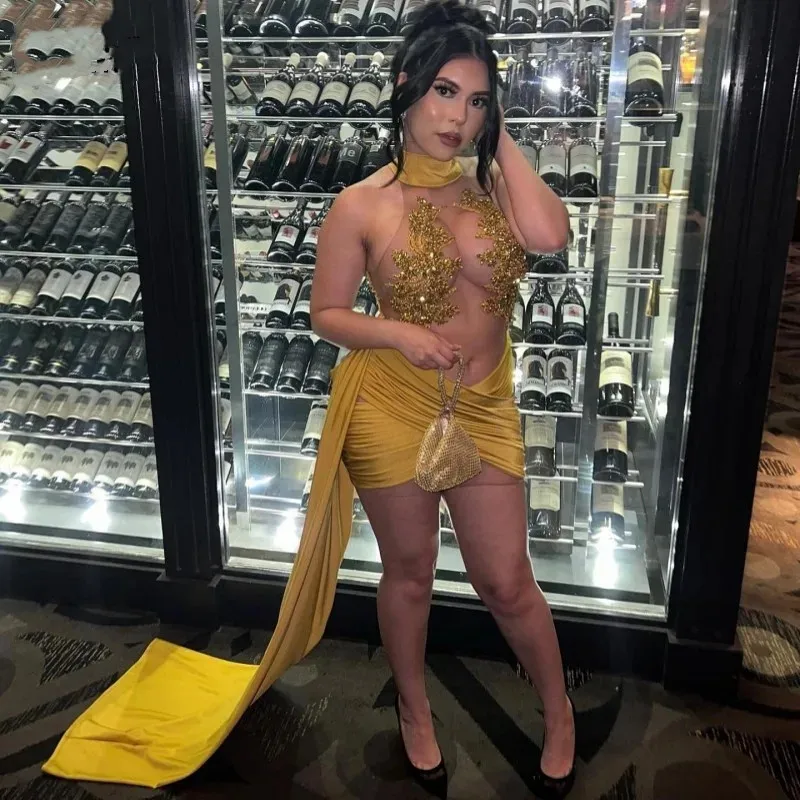 Yellow Satin Birthday Dresses For Women Rhinestone Beading Prom Gowns With Train See Through Mini Cocktail Dress
