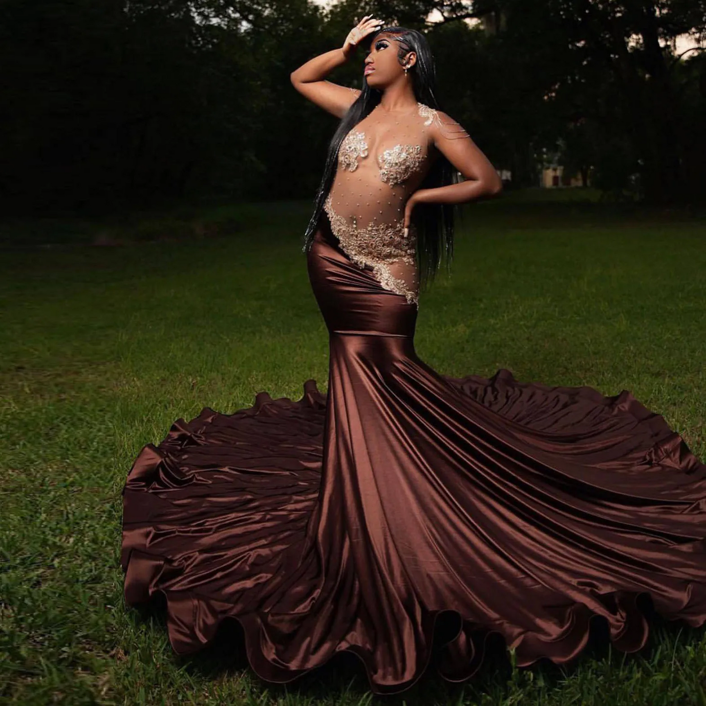 Sexy Mermaid Style Fitted Women Prom Dress Sparkly Beads Brown Black Girls Long Formal Evening Party Gowns