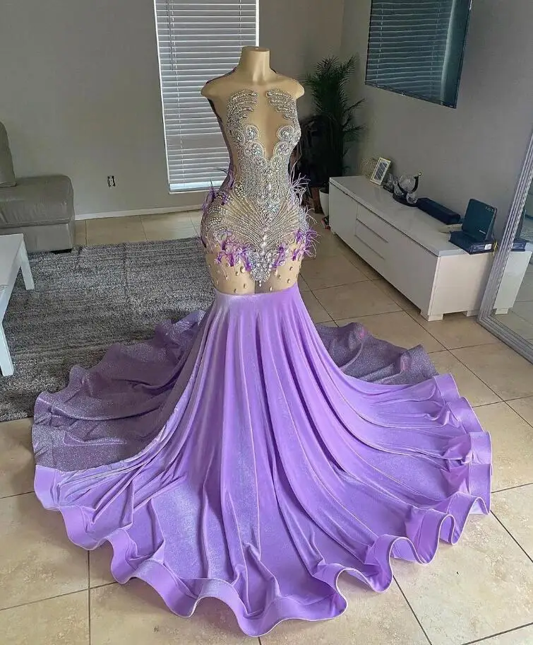Lilac Purple Long Memraid Prom Dress for Women Silver Diamond Crystal Feather Black Girl Birthday Evening Gown