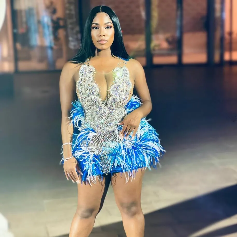 Luxury Short Prom Homecoming Dress Sparkly Diamond Crystal Feather Black Girl Birthday Celebrity Gown