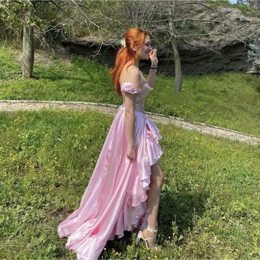 Sexy Sweeetheart Pink Prom Party Dresses Detachable Short Sleeves Ruffles Silk Split Evening gowns Formal Sexy Dresses For Woman