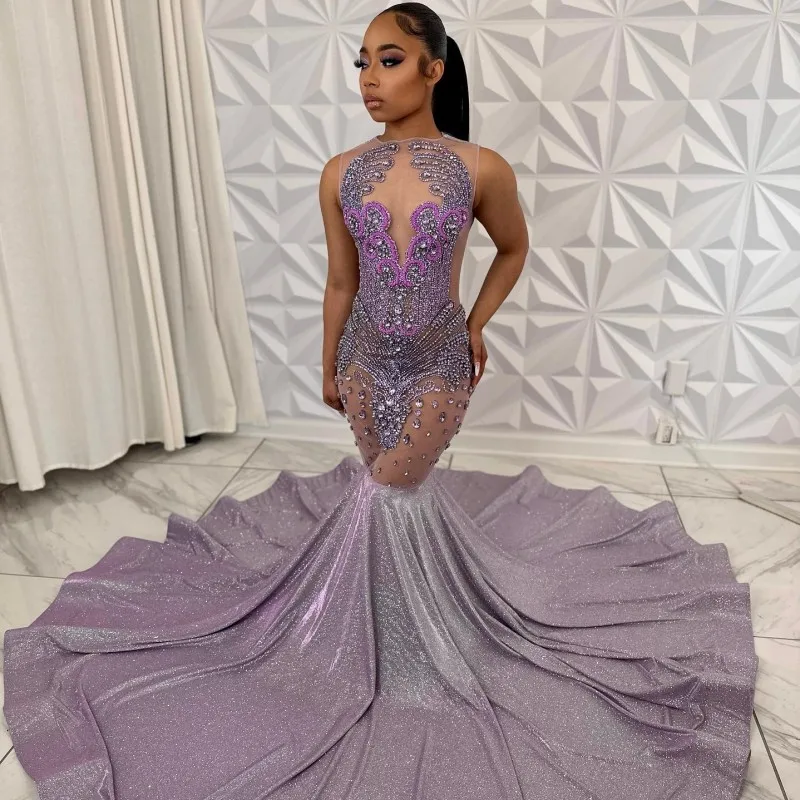 Luxury Diamond Prom Dresses Sheer Neck Rhinestone Sequin Party Gowns Black Girls Mermaid Evening Dress