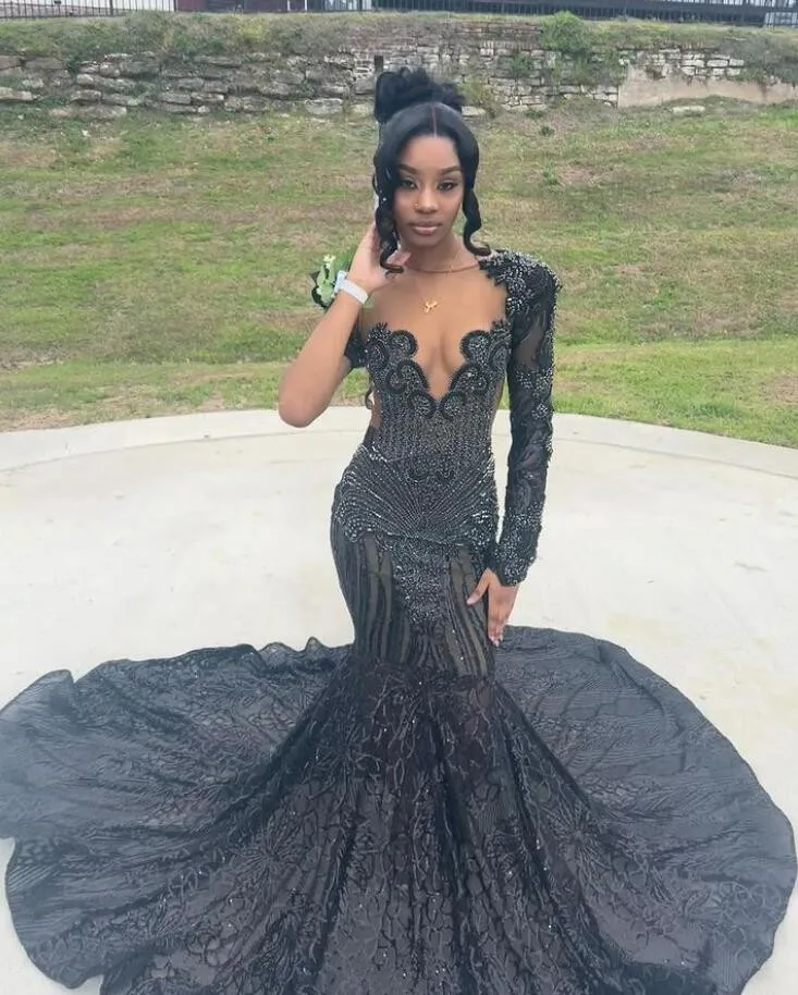 Sparkly Long Sleeve Evening Ceremony Dresses for Black Girl Luxury Dia