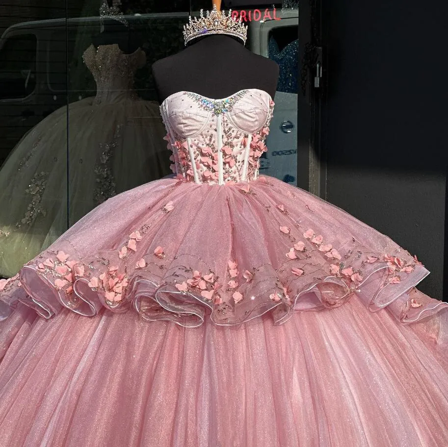 Blush Pink Princess Quinceanera Dresses 3D Floral Butterfly Corset Sweet 15 Prom Gown