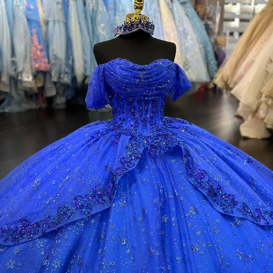 Royal Blue Sparkly Princess Quinceanera Dresses Off Shoulder Gillter Applique Corset