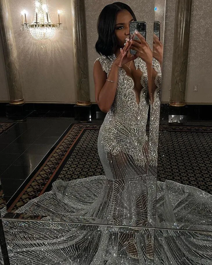 Silver Diamond Sparkly Prom Reception Dresses Luxury Crystal See Through Evening Birthday Gown