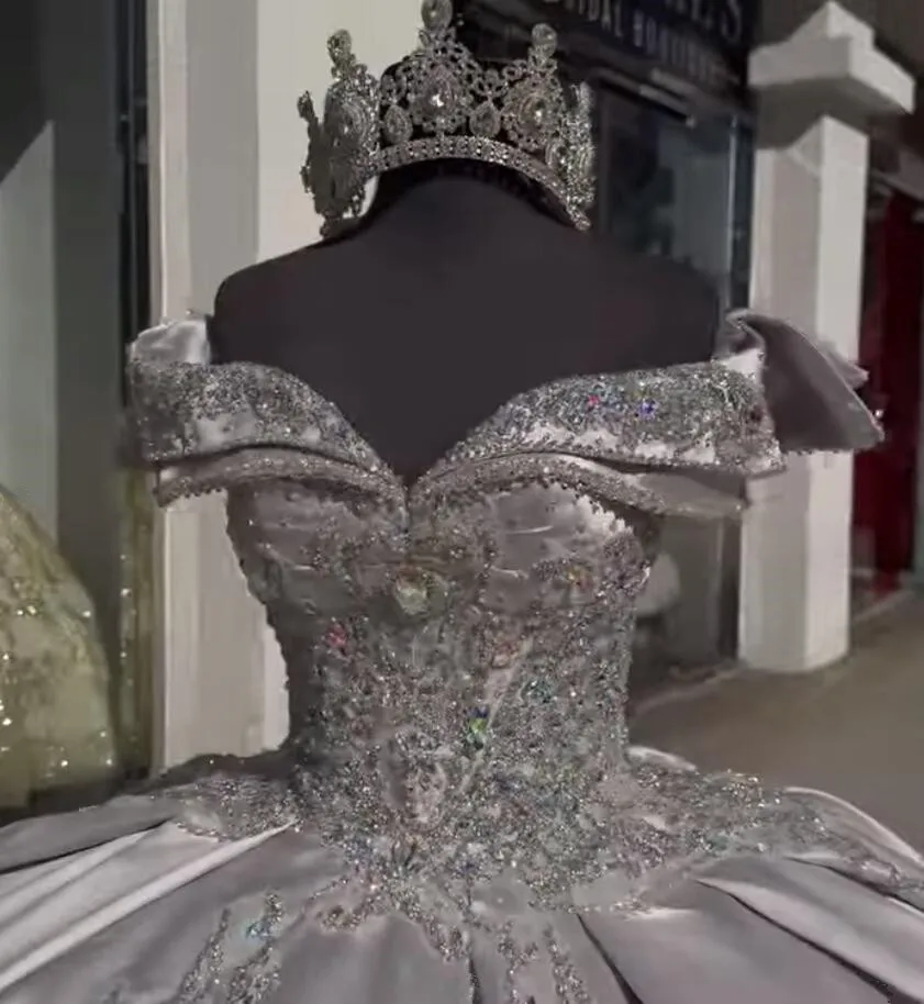 Silver Princess Luxury Quinceanera Dresses Off Shoulder Chapel Train Sparkly Crystal