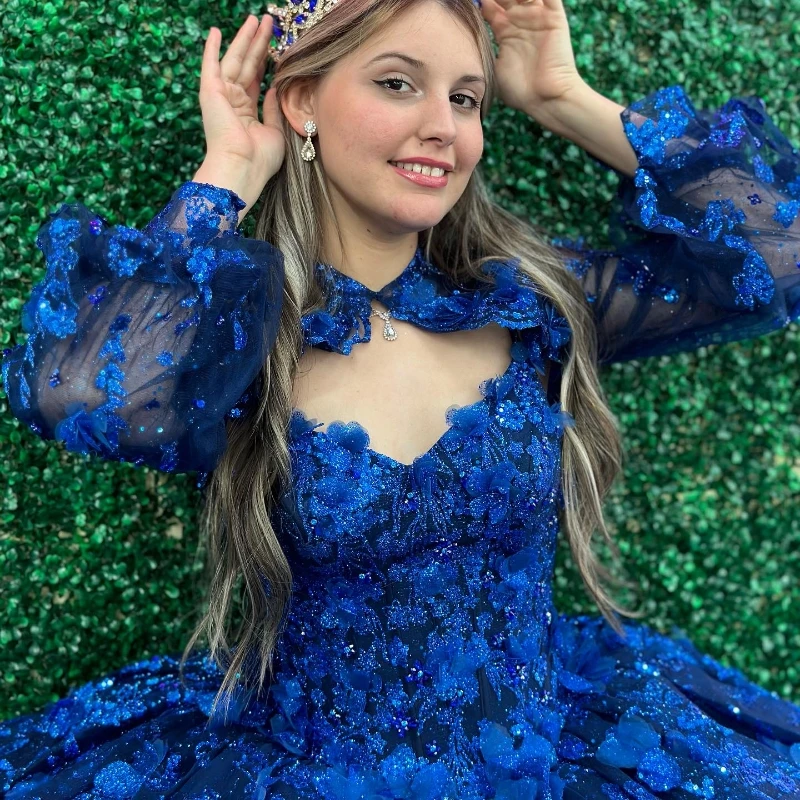 Sparkly Princess Navy Blue Off Shoulder Quinceanera Dresses Lace Applique Beads Sweet 16 Ball Gown