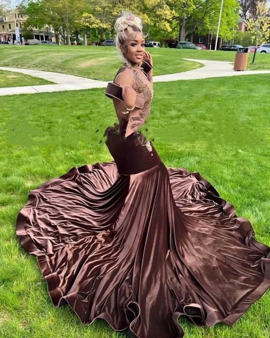 Chocolate Prom Dresses For Women Diamond Velvet Mermaid Party Gowns Sheer Neck