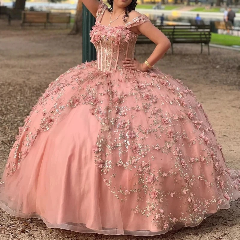 Princess Girls Quinceanera Dresses Golld Applique Lace Flower Tull Lace Up Ball Gown Bithday Party Prom