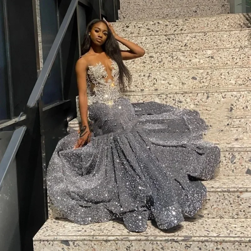 Sparkle Silver Mermaid Prom Dresses For Women Crystal Sequin Robe De Soiree Sheer Neck Evening Birthday Party Gowns