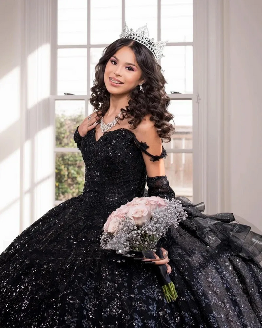 Black Quinceanera Dresses Sweetheart Lace Ruffles Sweet 16 Birthday Wear Party Dress
