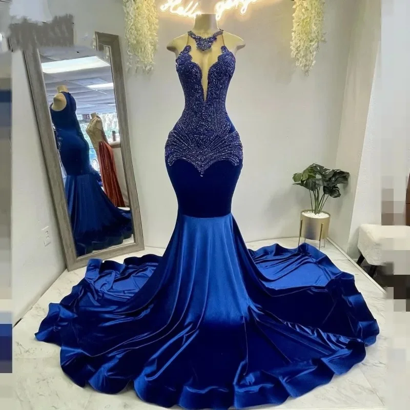 Sexy Royal Blue Velvet Mermaid Prom Dresses For Black Girls Crystal Evening Birthday Party