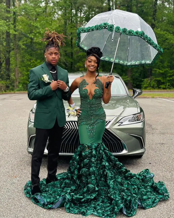 Hunter Green Rose Long Prom Dresses For Black Girls Luxury Crystal Beaded African Birthday Queen Gown