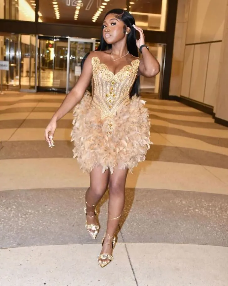 Gold Luxury Short Prom Homecoming Dresses for Black Girl Sparkly Diamo