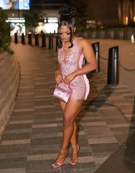 Pink Sparkly Short Prom Homecoming Dresses for Black Girl Luxury Diamond Crystal Birthday Gala Gown