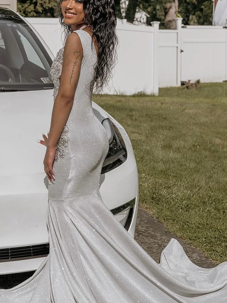 Long Silver Mermaid Prom Dresses Black Girls evening dresses woman elegant