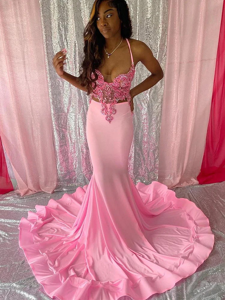 Long Sheer Pink Mermaid Prom Dresses Black Girls vestidos de gala evening dresses woman elegant