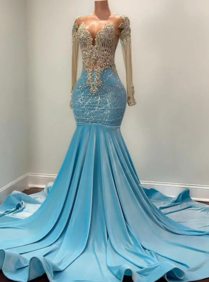 Light Blue Velvet Long Prom Dresses Luxury Black Girls Diamonds Bead Rhinestones Long Sleeves Evening Party Birthday Gowns