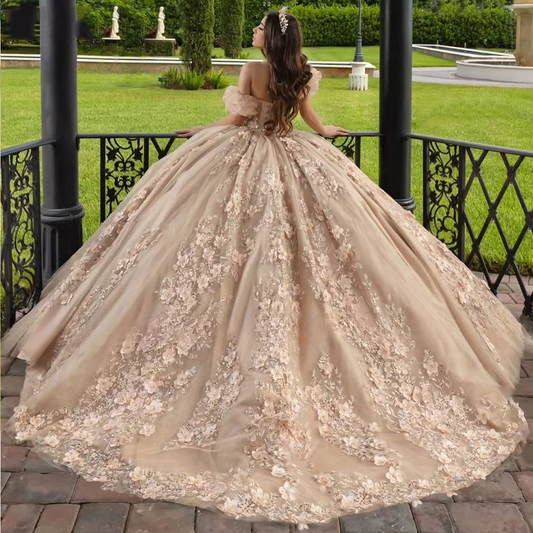 Champagne Detachable Sleeve Crystal Beading Ball Gown Quinceanera Dresses 3D Flowers Appliques Lace Corset Vestidos De 15 AƱos