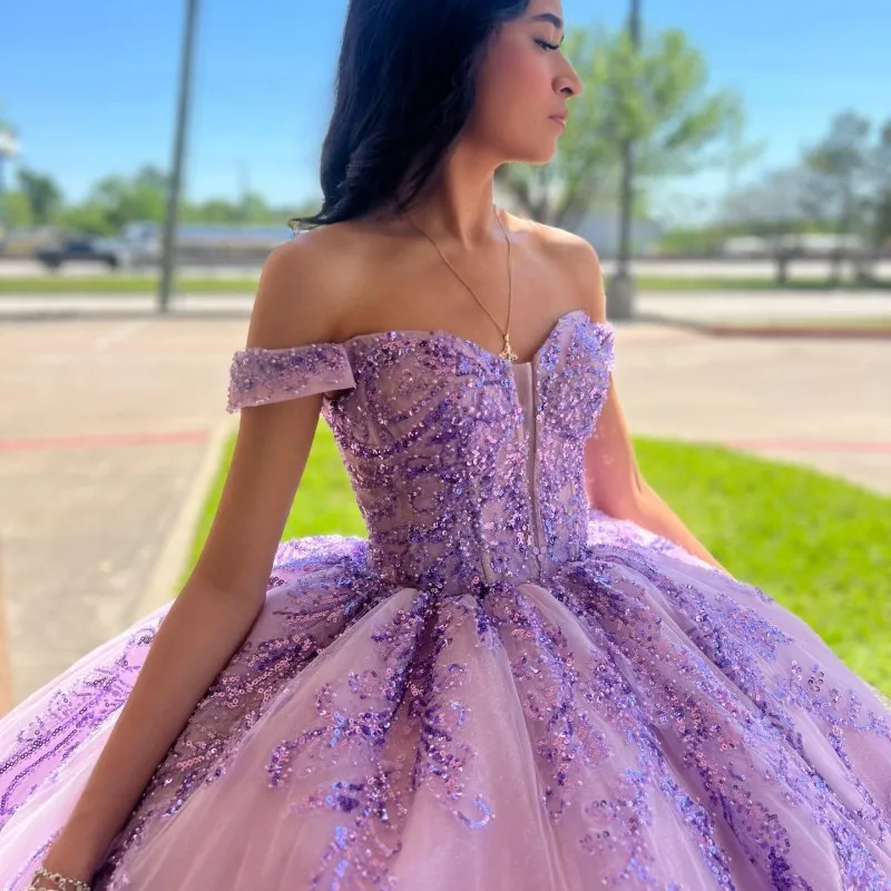 Lavender Shiny Quinceanera Dresses Ball Gown Sequins Off Shoulder Beaded Sweet 16 Dress Lace-up