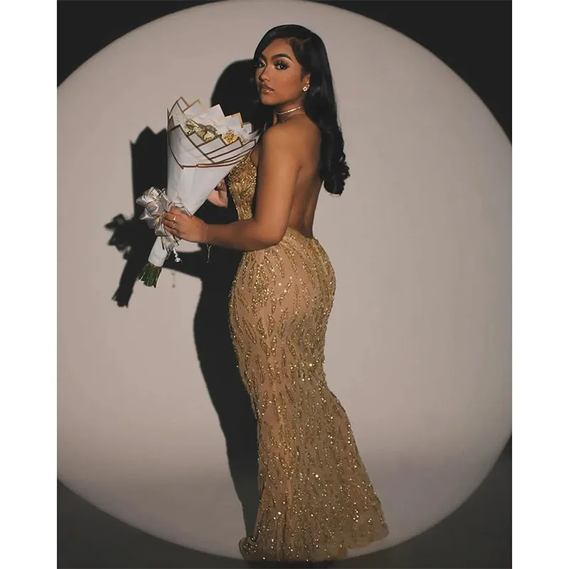 Luxury Gold Evening Dress Beads Sequined Backless Illusion Sexy Floor-Length Birthday Party Prom Dresses Custom Made