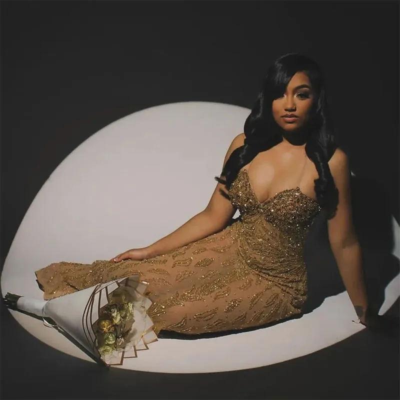 Luxury Gold Evening Dress Beads Sequined Backless Illusion Sexy Floor-Length Birthday Party Prom Dresses Custom Made