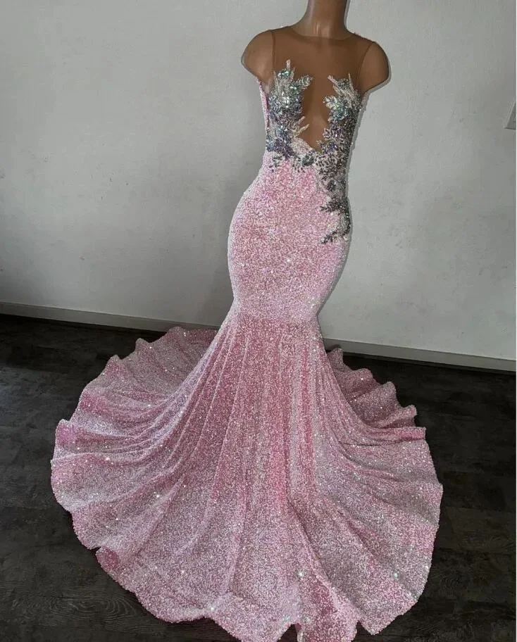 Sexy Pink Prom Dresses Black Girls Luxury Bead Crystal Sparkly Velvet Sequin Sheer Top Formal Evening Party Gala Gowns