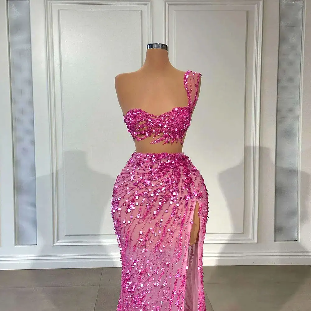Shiny Evening Dresses Sequined Mermaid Prom Gowns Side Split Illusion Sleeveless Custom Made Special Occasion