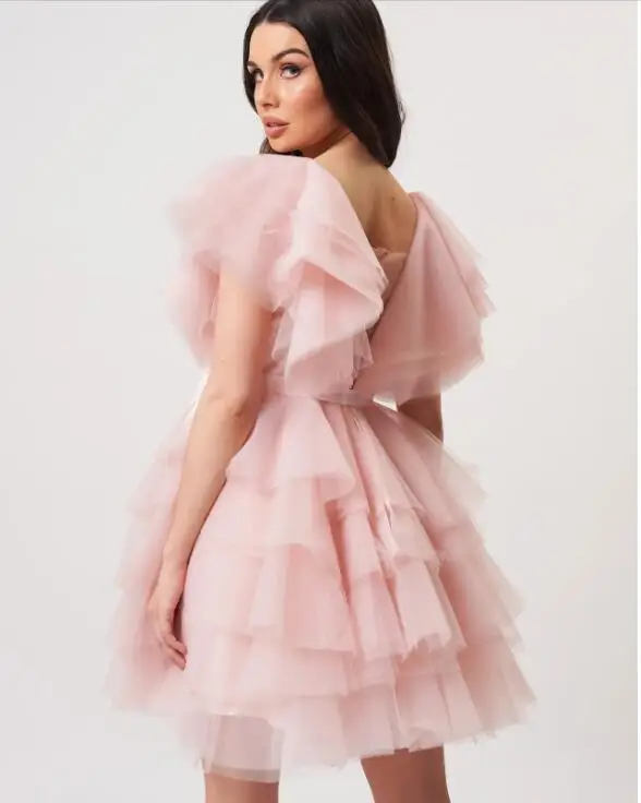 Blush Pink Tulle Short Cocktail Dresses Chic Tiered Ruffles Mini Prom Dress for Girls Homecoming Gowns
