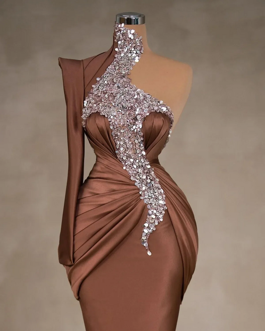 Prom Dresses High Neck Evening Gown Party Formal New Custom Plus Size Zipper Mermaid Satin Lace Up Knee-Length Sweep Train Sequi