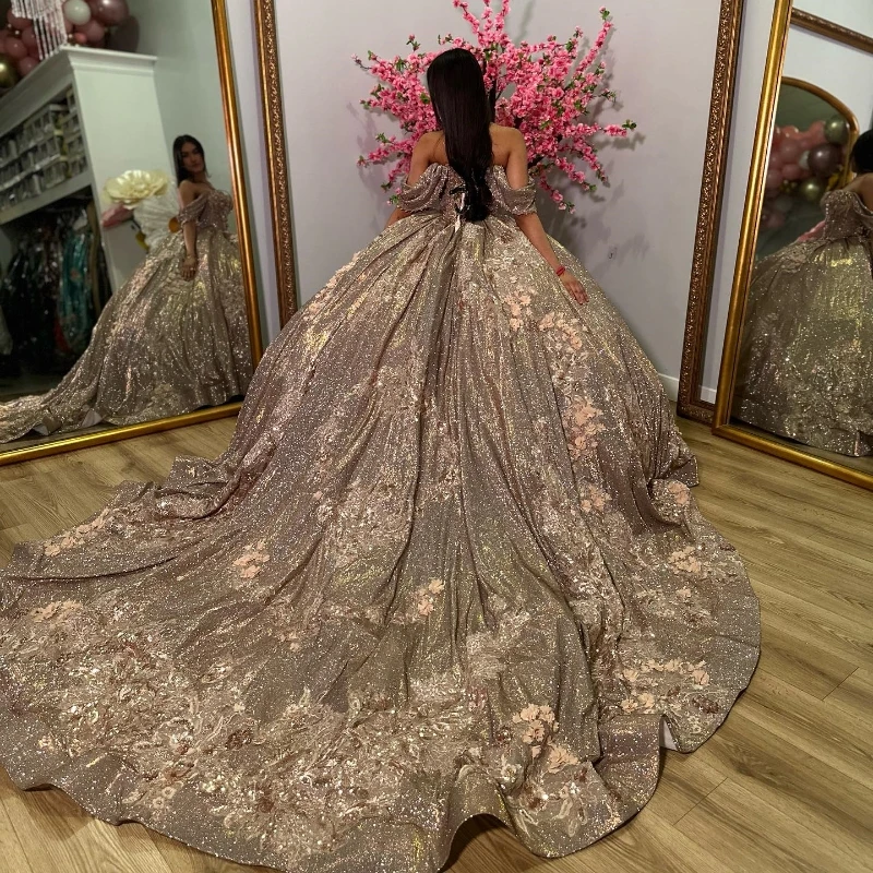 Gold Shiny Sweetheart Quinceanera Dress Off the Shoulder Florals Flowers Lace Beads Sweet 16 15 Dress