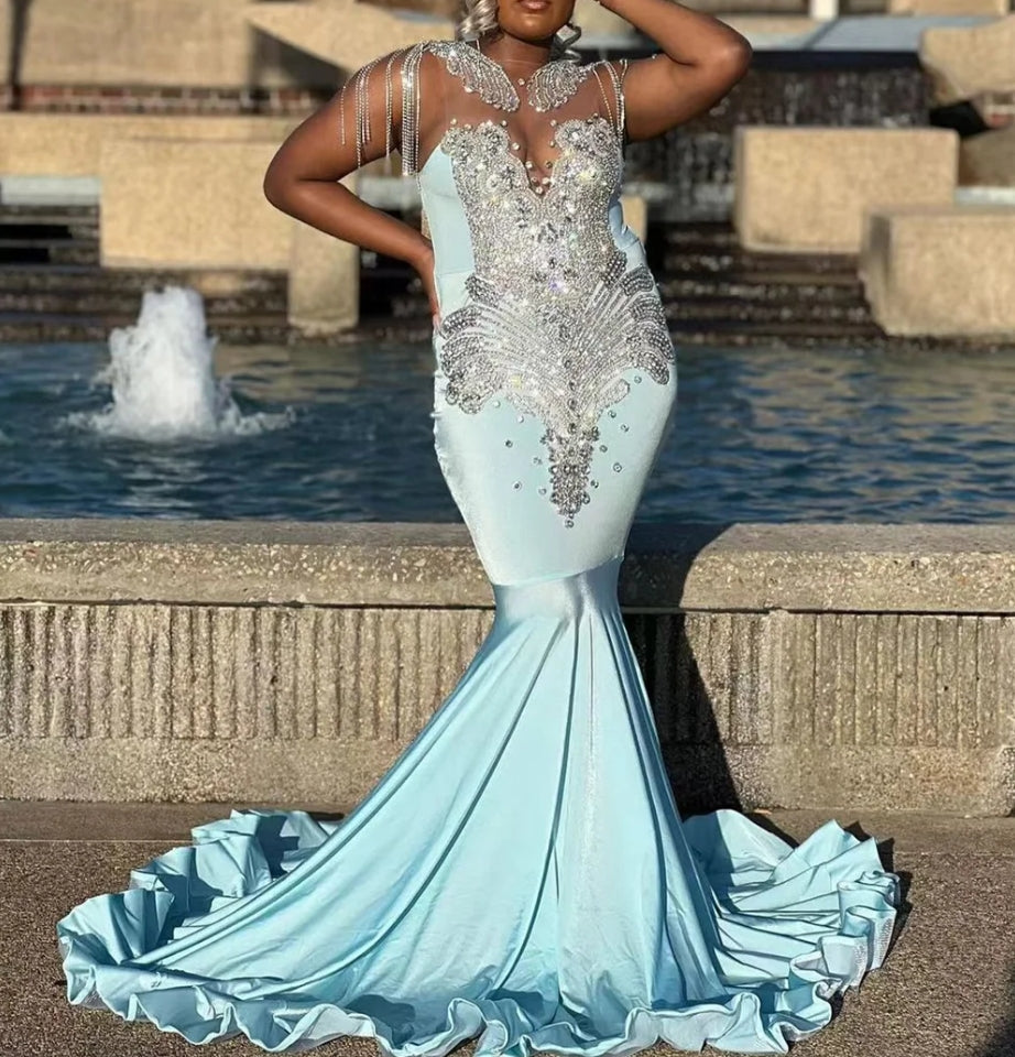Sky Blue Mermaid Silver Rhinestones Prom Dress Luxury Black Girls Tassels Wedding Dress Birthday Party Gown