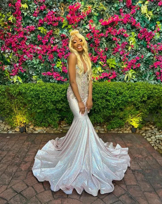 Silver Diamond Sparkly Mermaid Prom Ceremony Dresses for Black Luxury Crystal Long Evening Gown