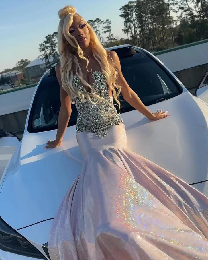 Silver Diamond Sparkly Mermaid Prom Ceremony Dresses for Black Luxury Crystal Long Evening Gown