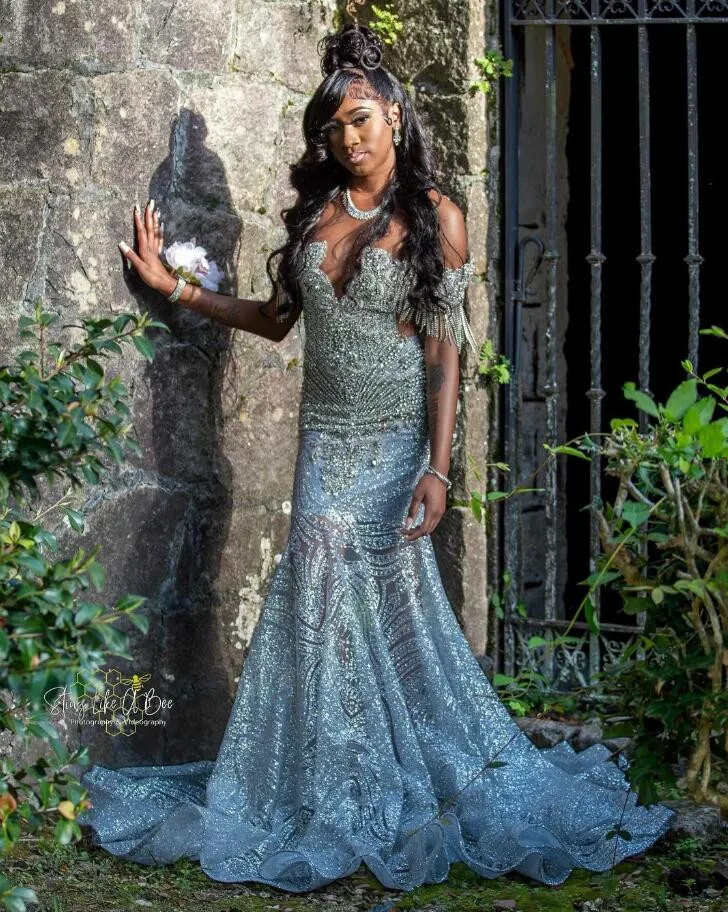 Silver Diamond Long Sparkly Prom Ceremony Party Dresses for Black Girl Luxury Gillter Evening Dress