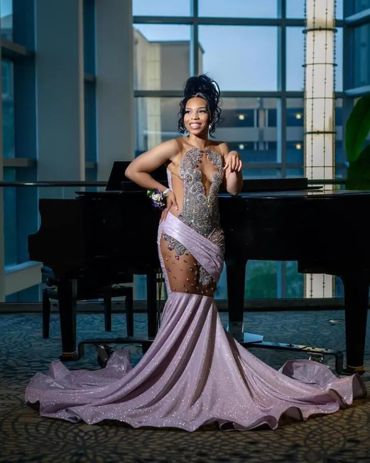 Lavender Pink Sparkly Long Evening Formal Dresses for Black Girl Luxury Diamond Gillter Sheer Prom Birthday Gala Dress