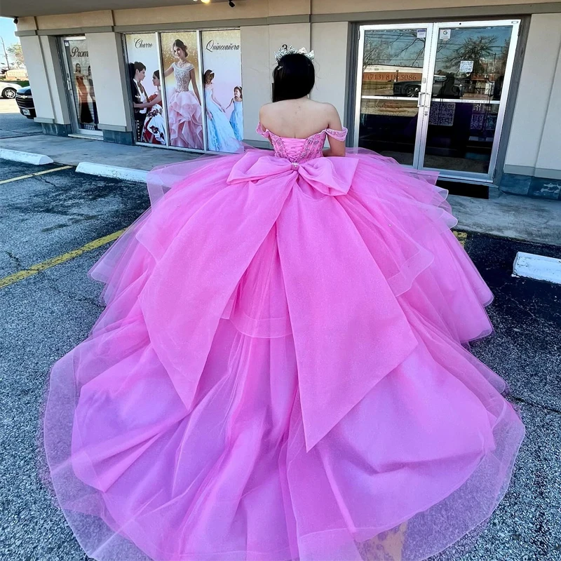 Pink Quinceanera Dresses Ball Gown Sexy Off the Shoulder Beads Crystal Tull Back Bow Long Party Dress for Girl