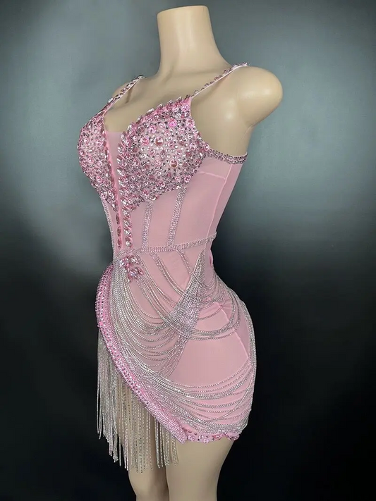 Flashing Rhinestones Tassels Pink Color Sexy Sheath Mini Dress Birthday Celebrate Evening Party Costume Nightclub Stage Wear