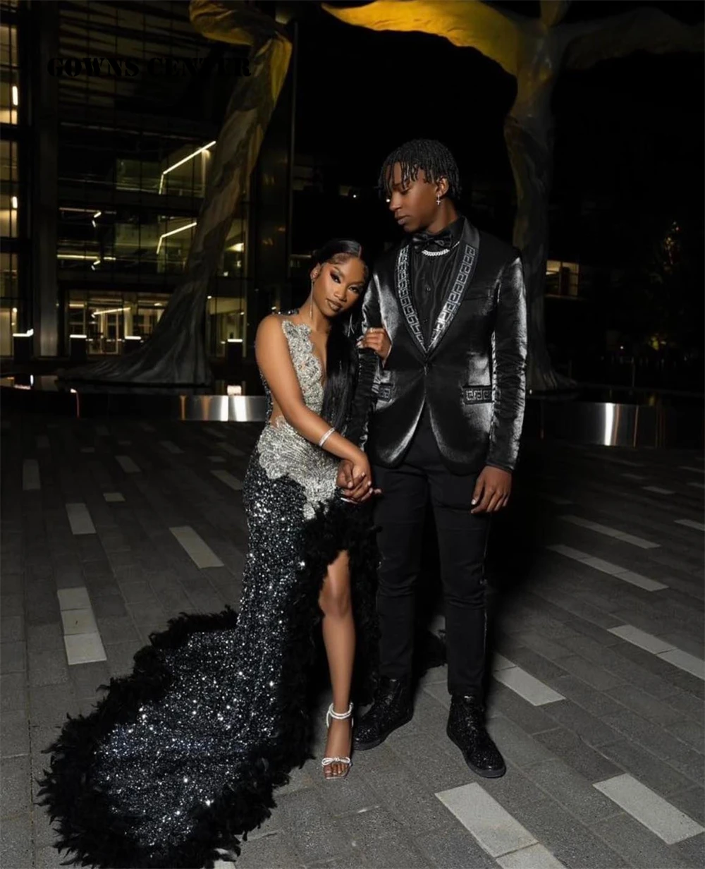 Black Velvet Sequin Feathers Train Rhinestone Prom Dress Black Girl African Mermaid Elegant Dress For Wedding Party Sexy