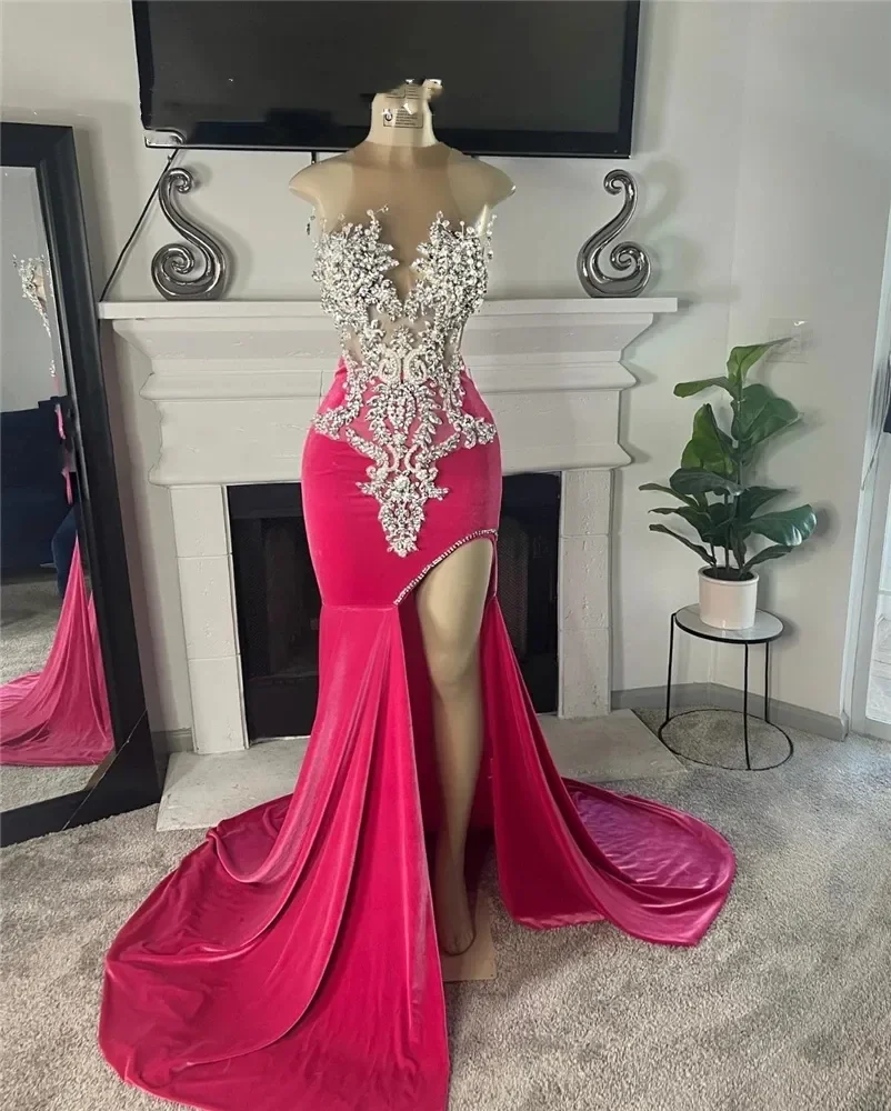 New Sparkly O Neck Long Prom Dress Black Girls Beaded Crystal Birthday Party Dresses Evening Gowns High Slit Gown Robe