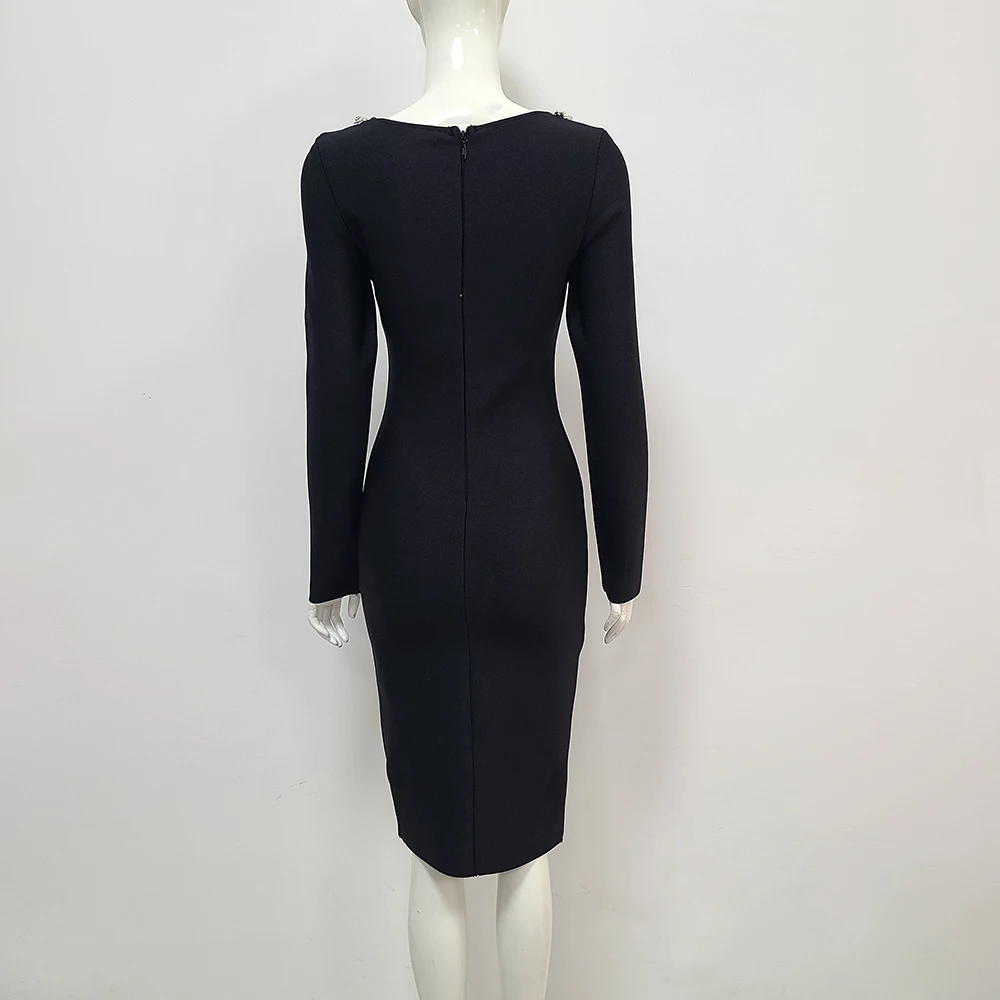 Summer New Women's Black Hollow Sexy Long sleeved Diamond Bandage Knee Length Dress Bodycon Celebrity Party Evening Dress