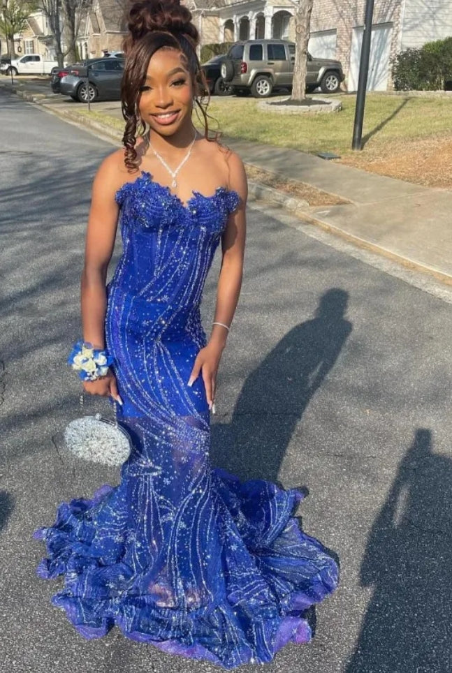 Royal Blue Mermaid Prom Dresses BlackGirl Rhinestone Birthday Party Outfit Sweetheart Sequin Backless
