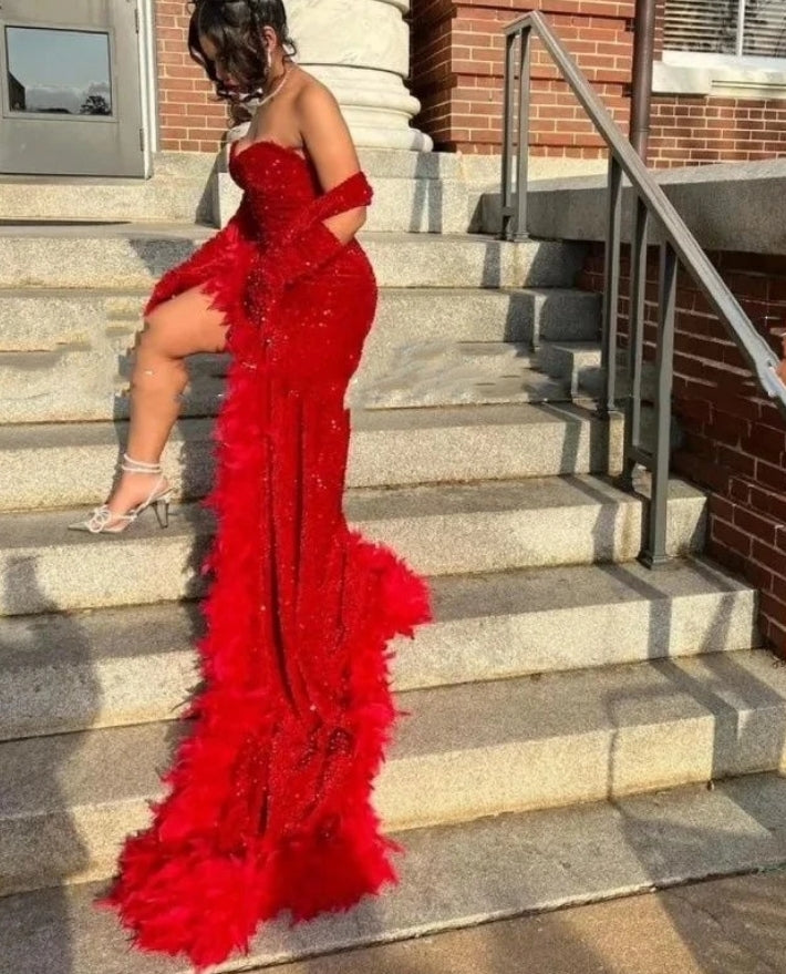 Sparkly Red Mermaid Prom Dress For Black Girl Sweetheart High Split With Wrap Evening Gowns