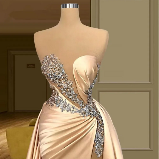 Champagne Gold Evening Dresses Sexy Illusion Mermaid Prom Gown Applique Beading High Split Satin Party Gowns